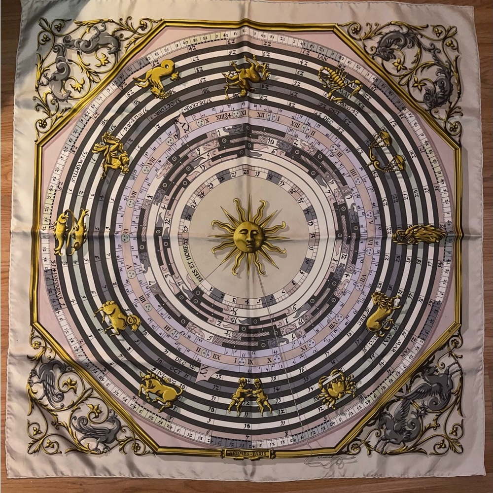 Hermès Silk Scarf with Zodiac Design with a box of Notting cards